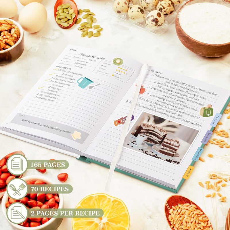 Lanpn Blank Recipe Book Cookbook for 70 Recipes, Waterproof A5 Empty Cooking Journal to Organize Your Family Recipes, Leather Cover Recipe Notebook with Stickers to Write in Your Own Recipes, Green - Image 3